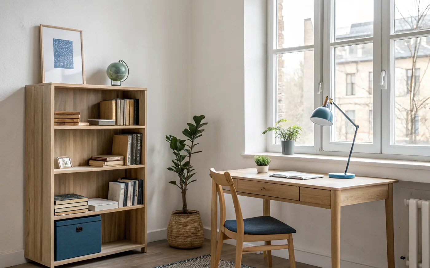 Jasny gabinet redakcji z biurkiem, regałem z książkami i lampką — zespół marketinginternetowy.pl