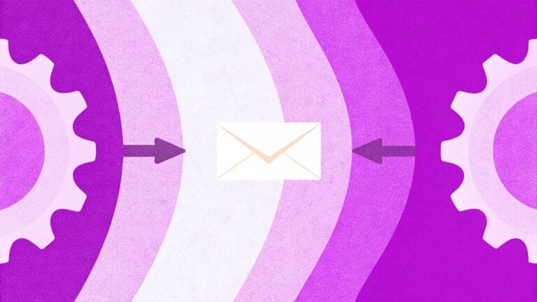 Magentowa aurora z kopertą i przepływem - marketing automation