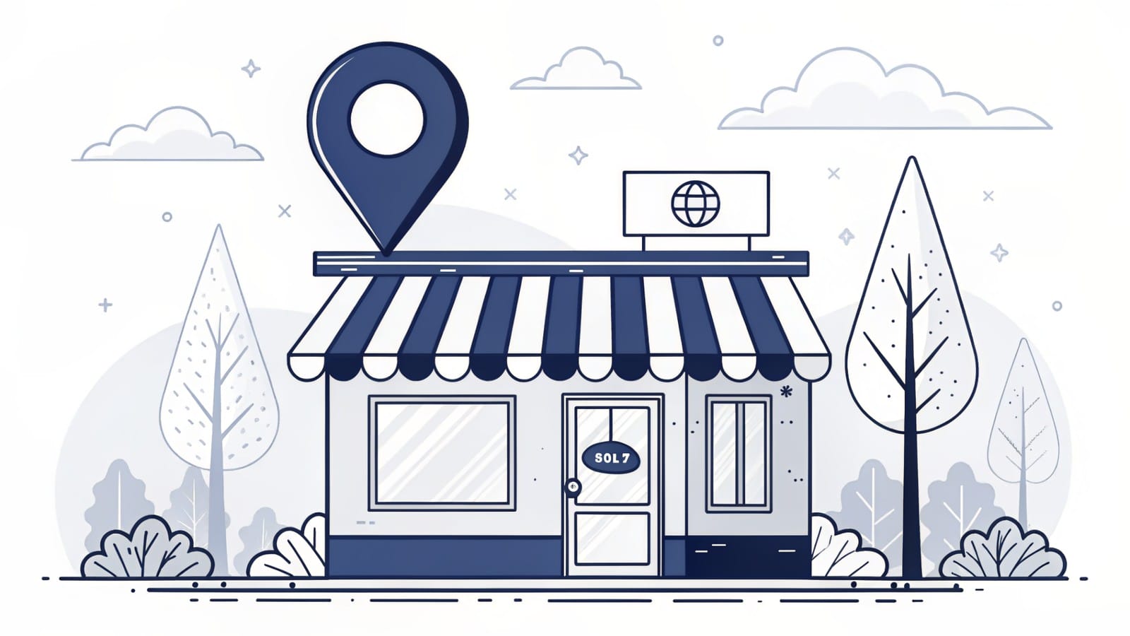 Profil Firmy w Google — ilustracja: witryna lokalnego biznesu z pinezką