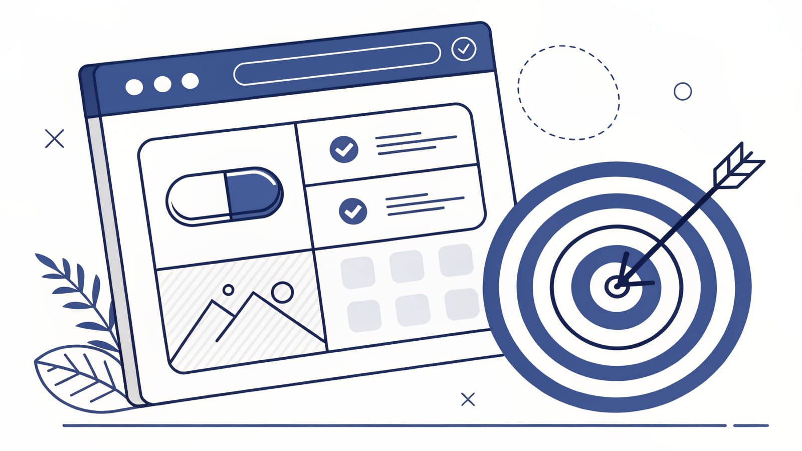 Landing page — ilustracja: układ strony docelowej i tarcza celu