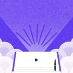 Fioletowa aurora z dokumentem i piórem - content marketing