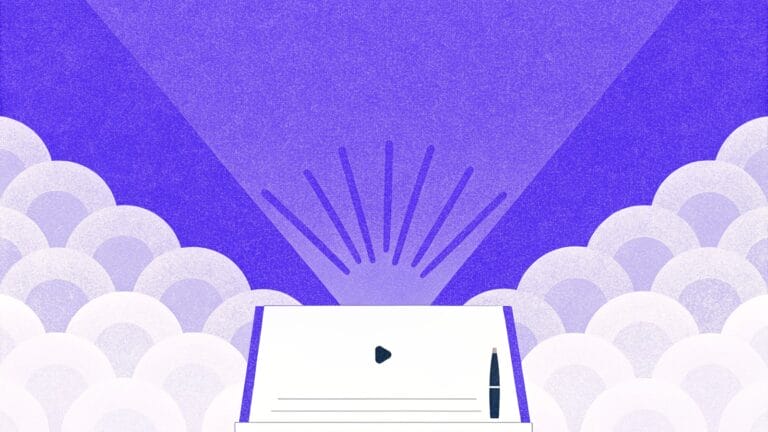Fioletowa aurora z dokumentem i piórem - content marketing