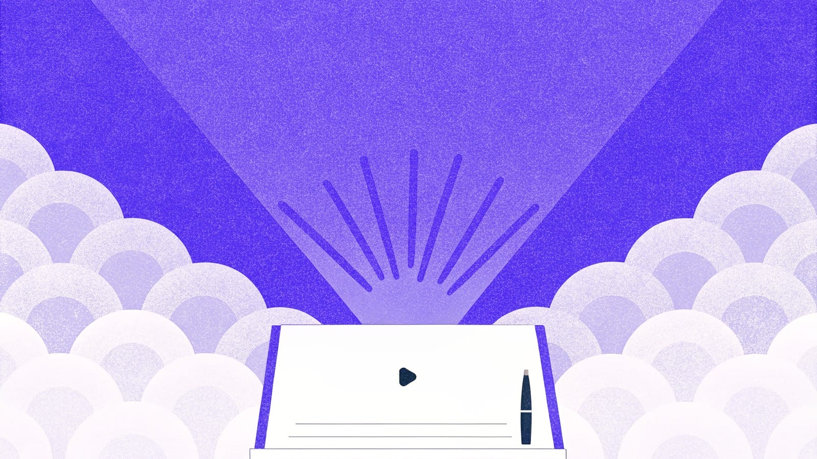 Fioletowa aurora z dokumentem i piórem — content marketing