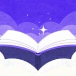 Fioletowa aurora z otwartą książką i gwiazdą - storytelling