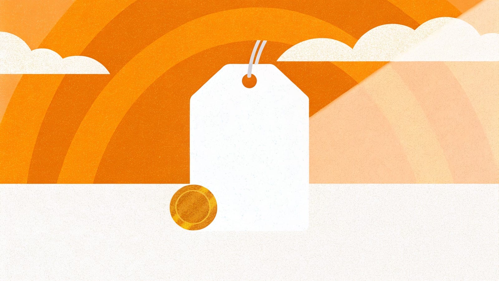 Ile kosztuje Google Ads - ikona metki z ceną i monetą na pomarańczowym tle