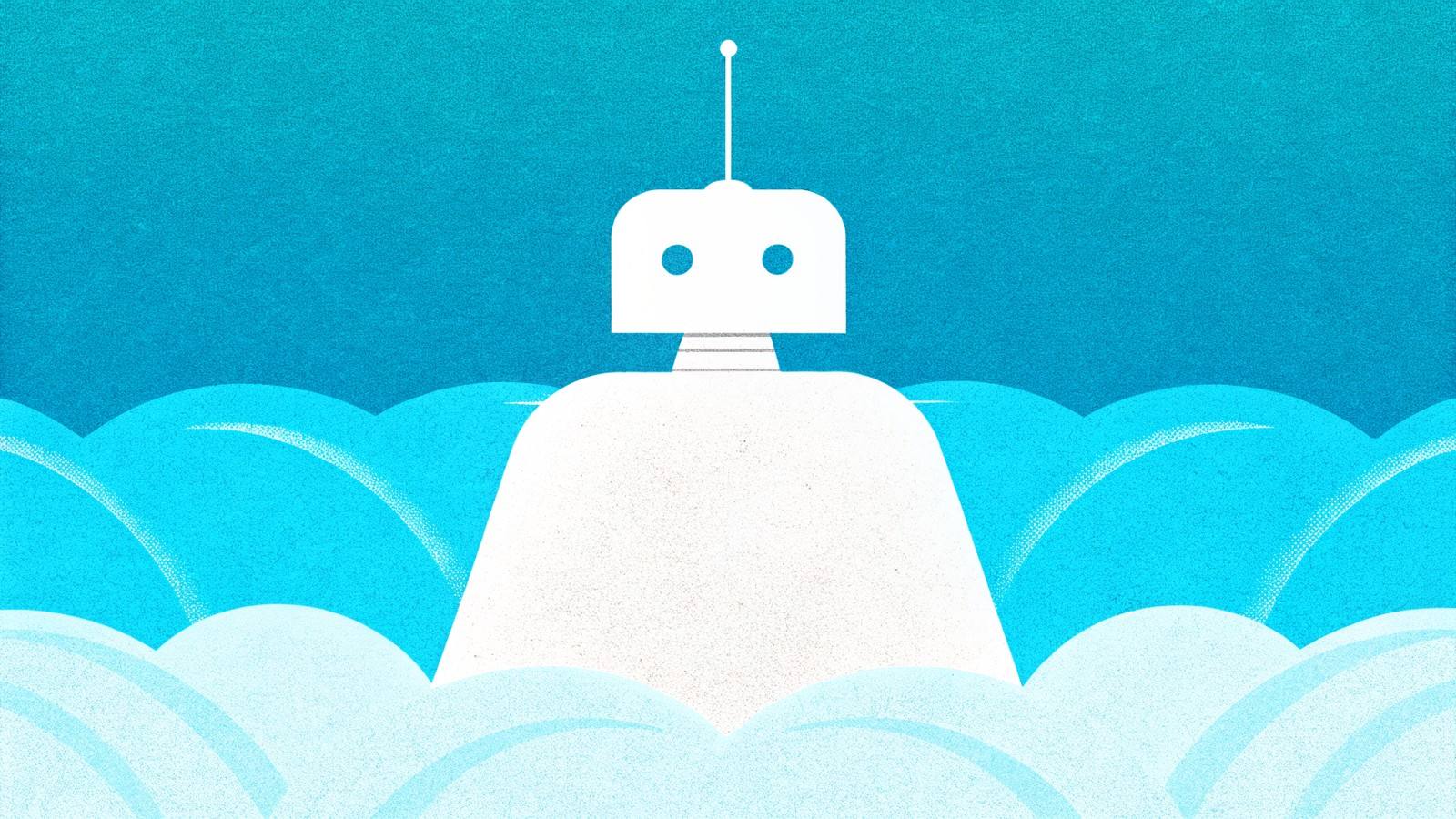 Biała sylwetka robota na tle turkusowych fal - ilustracja badania blokowania botów AI w plikach robots.txt