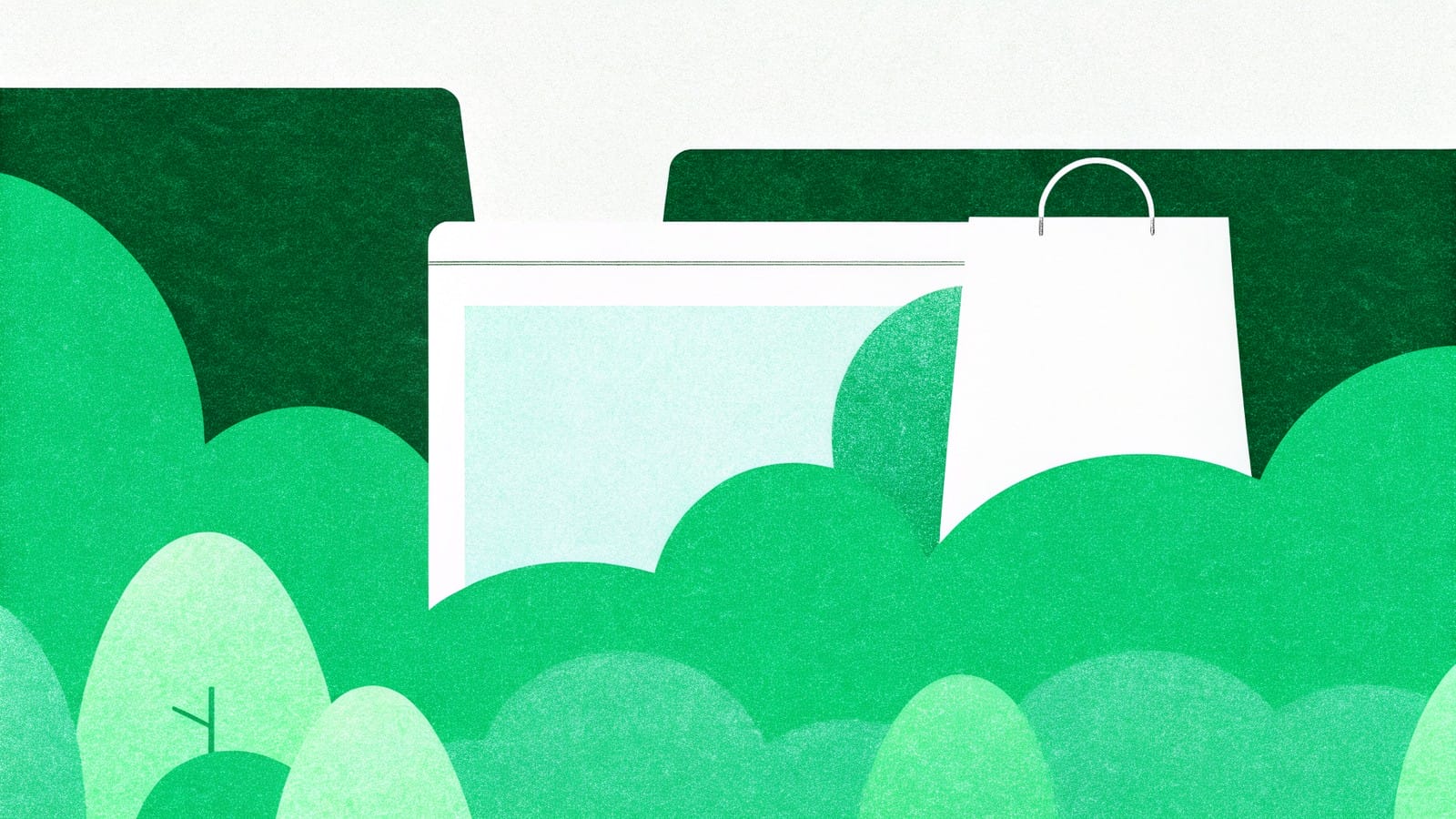 Zielona aurora z torbą zakupową i warstwami platform - platformy e-commerce